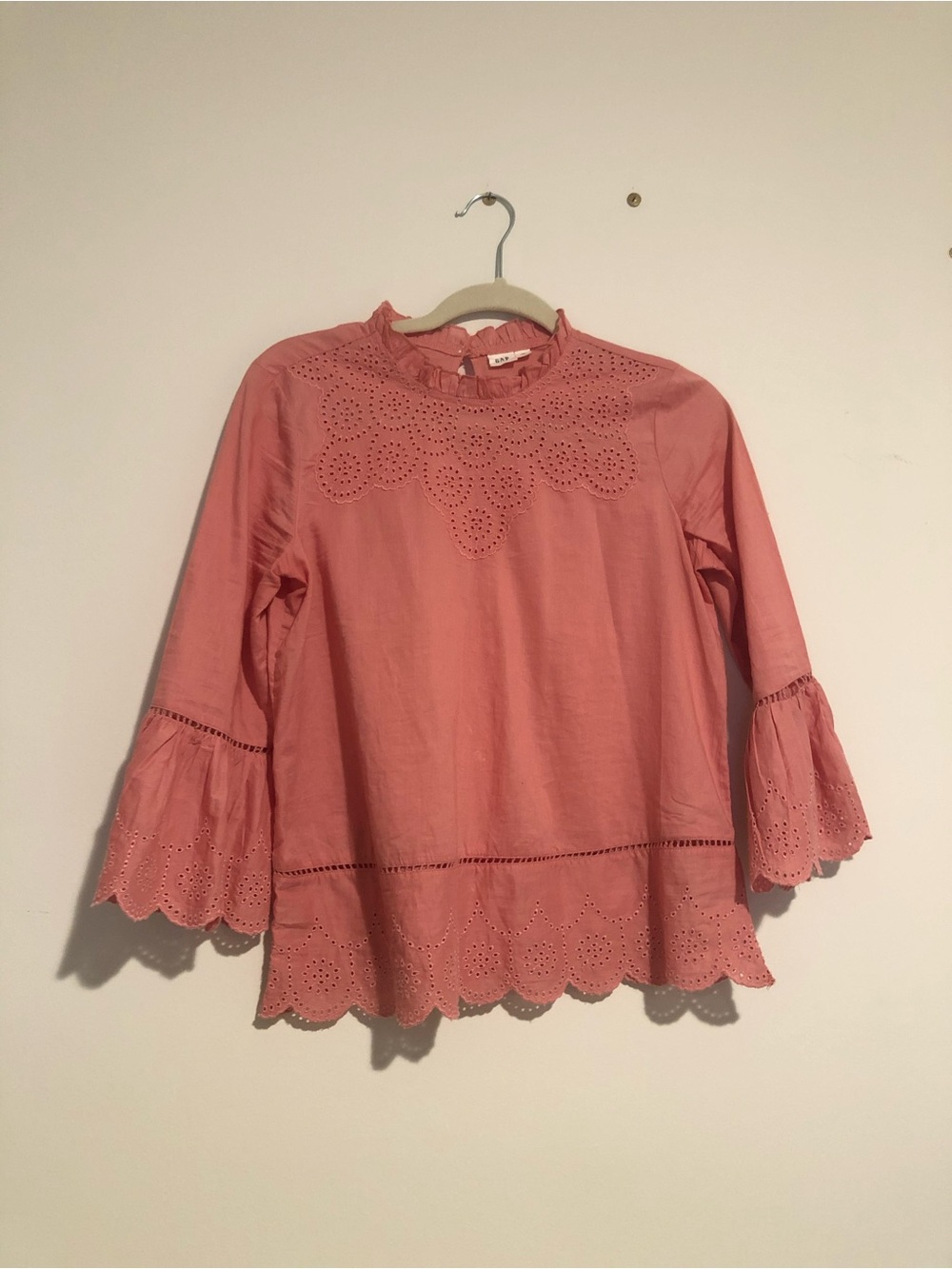 GAP Coral Pink Eyelet Trim Long-Sleeve Blouse